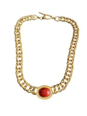 Vintage Money Chunky Gold Tone Necklace Faux Carnelian Cabochon Collar Chain